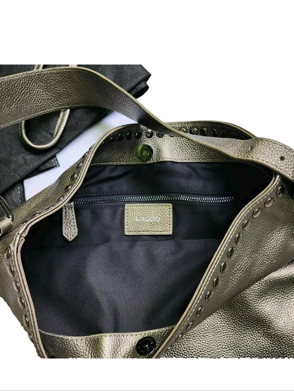 LAGGO Reed Purse Shoulder Bag Metallic Silver Pebbled Leather Studded Tote Hobo - Picture 5 of 8